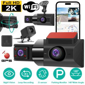 2K Car DVR 3 Channel Dash Cam Camcorder Camera Recorder with 140Â° Angle GPS WiFi Night Vision G-sensor Loop Recording Parking Monitor - Black