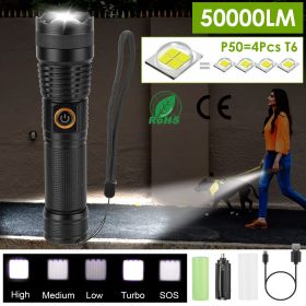 Tactical LED Flashlight Zoomable Rechargeable Search Light Torch - Black