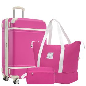 Hardshell Luggage Sets with Bags Lightweight Suitcase Double Spinner Wheels with TSA Lock ,Single Vintage Luggage 24 IN,Pink - as Pic