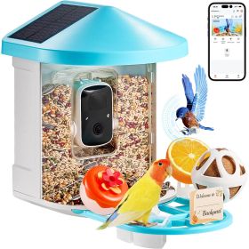 VEVOR Smart Bird Feeder with Camera 2K HD AI Identify Bird Species Solar-Powered - 2 Panels on Roof Side - Blue