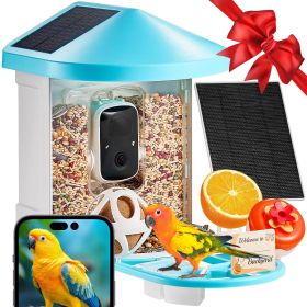 VEVOR Smart Bird Feeder with Camera AI Identify 10000+ Bird Specie Solar-Powered - 2 Panels on Roof Side + 1 External 3W Panel - Blue