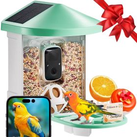VEVOR Smart Bird Feeder with Camera 2K HD AI Identify Bird Species Solar-Powered - 2 Panels on Roof Side - Green