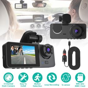 3 Channel Dash Cam Front Inside Rear Vehicle Driving Recorder Car DVR with 32G MMC Card G Sensor Motion Detection Parking Monitor Loop Recording - as
