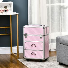 Rolling Makeup Train Case, Large Storage Cosmetic Trolley, Lockable Traveling Cart Trunk with Folding Trays, Swivel Wheels and Keys, Pink - Pink