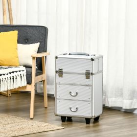 Rolling Makeup Train Case, Large Storage Cosmetic Trolley, Lockable Traveling Cart Trunk with Folding Trays, Swivel Wheels and Keys, Silver - Silver