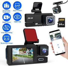 WiFi FHD 1080P Car Dash Cam 3 Channels Front Rear Inside Dash Camera with Loop Recording Reversing Image Night Vision 170Â° Wide Angle Support 64G