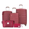 5 Piece Suitcase Set, PP Hardshell Carry on Suitcase Set, Travel Suitcases with Silent plane wheeland TSA Lock WINE RED. - as Pic