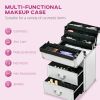 HOMCOM Rolling Makeup Train Case, Large Storage Cosmetic Trolley, Lockable Traveling Cart Trunk with Folding Trays, Swivel Wheels and Keys, Silver - S
