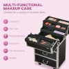 Black Rolling Makeup Train Case Large Storage Cosmetic Trolley Lockable Cart Trunk Swivel Wheels Keys - Black