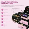 Rolling Makeup Train Case, Large Storage Cosmetic Trolley, Lockable Traveling Cart Trunk with Folding Trays, Swivel Wheels and Keys, Pink - Pink